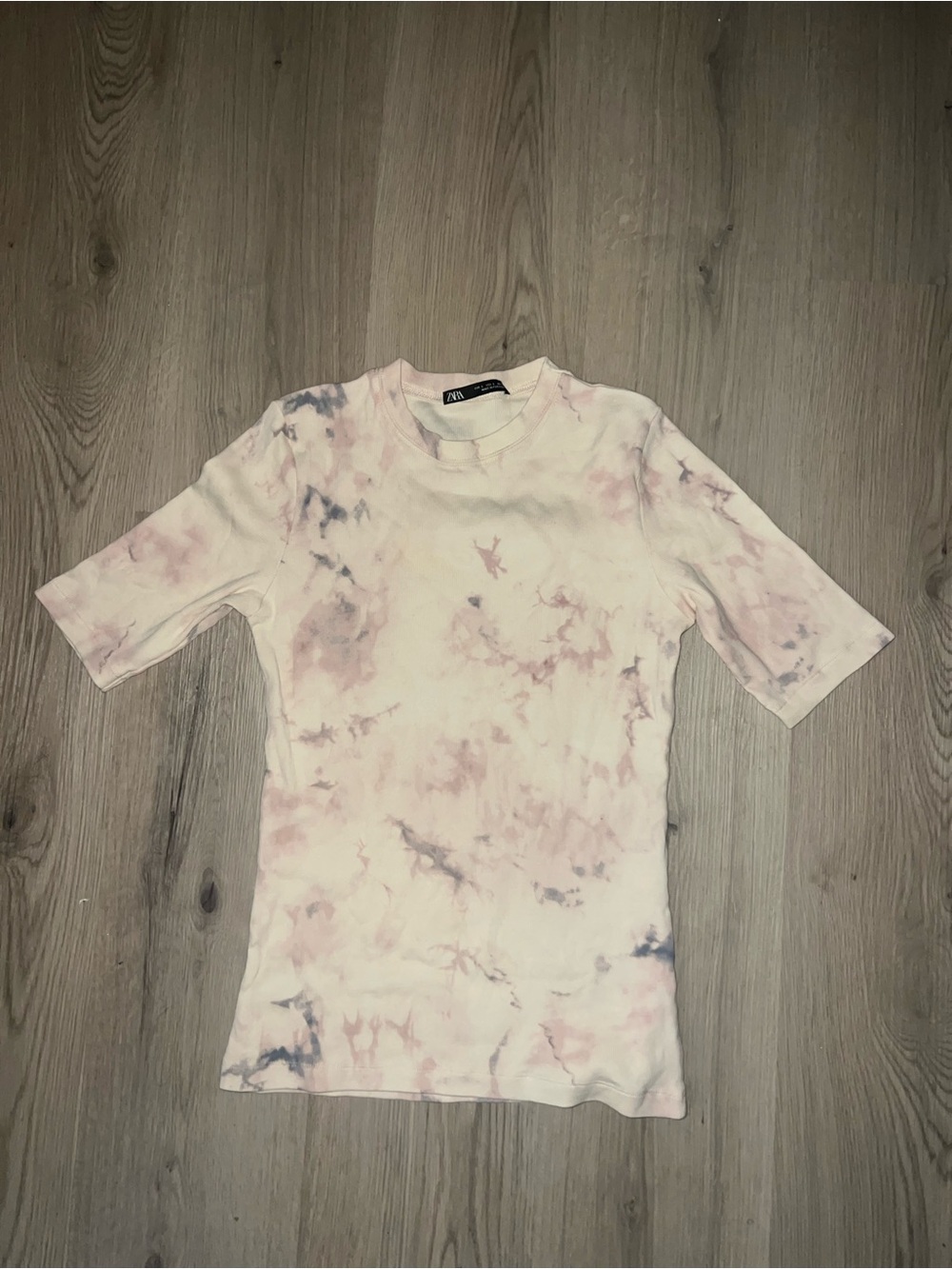 Zara Tie Dye Short Sleeve T-Shirt Cream Pink Size L Cotton Stretch